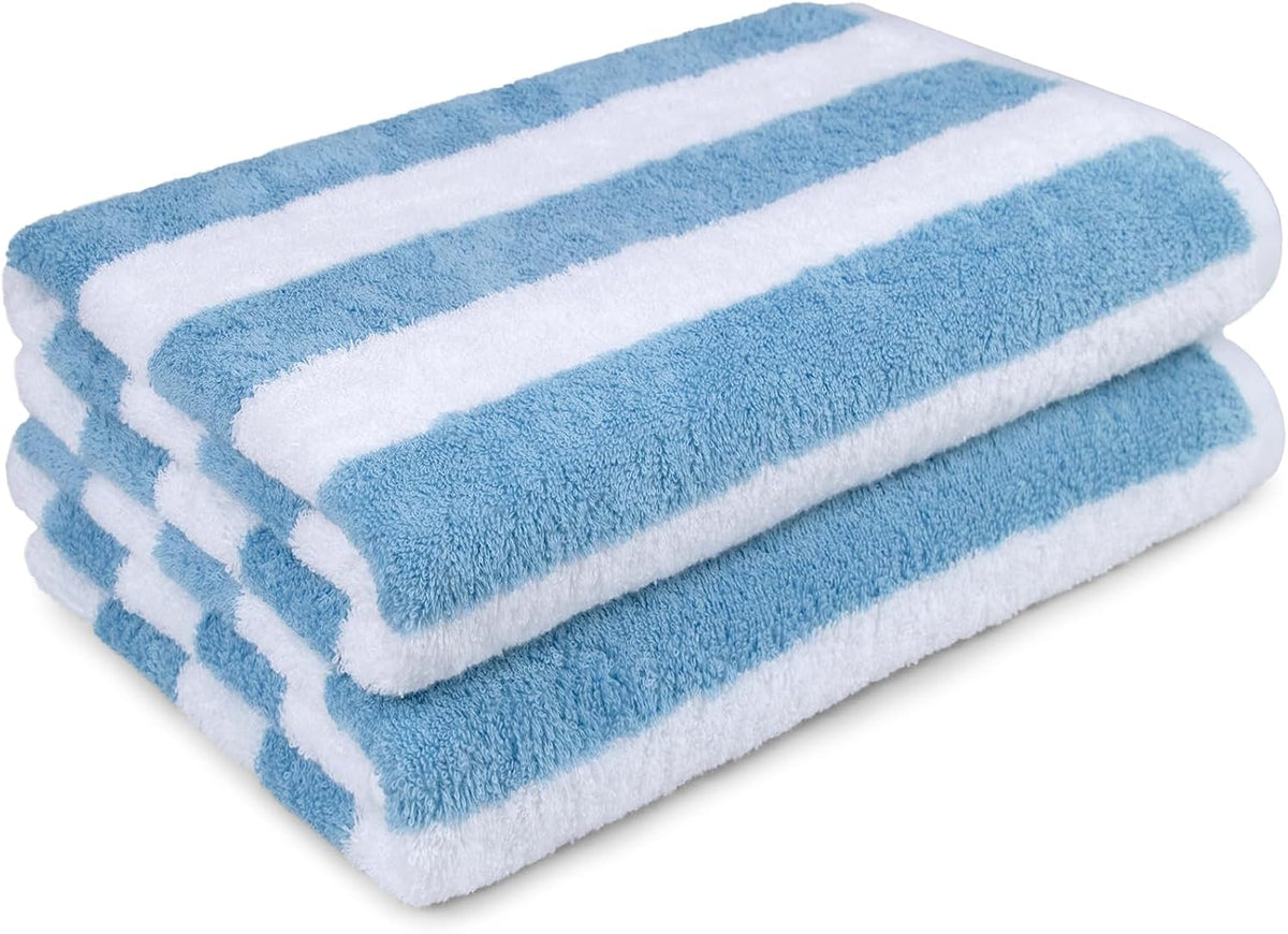 Amazon Basics Soft & Absorbent Beach Towels, 100% Cotton, Cabana Stripe, Machine Washable, Quick Dry, Large 30" x 60", Sky Blue, 2-Pack