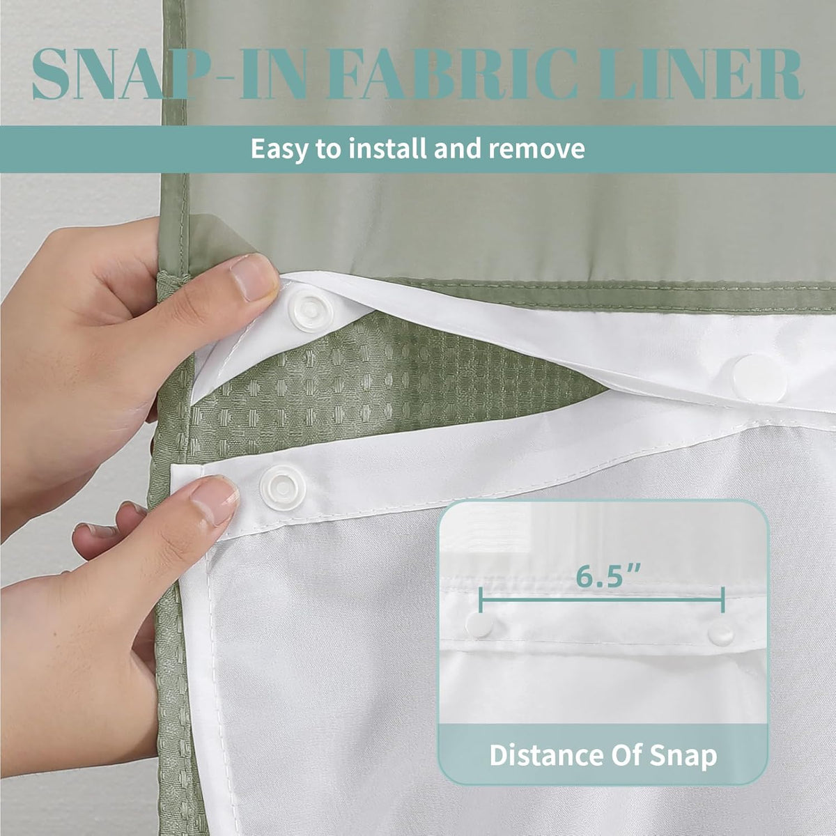 No Hook Extra Long Waffle Shower Curtain with Snap-in Liner,71x98,SageGreen