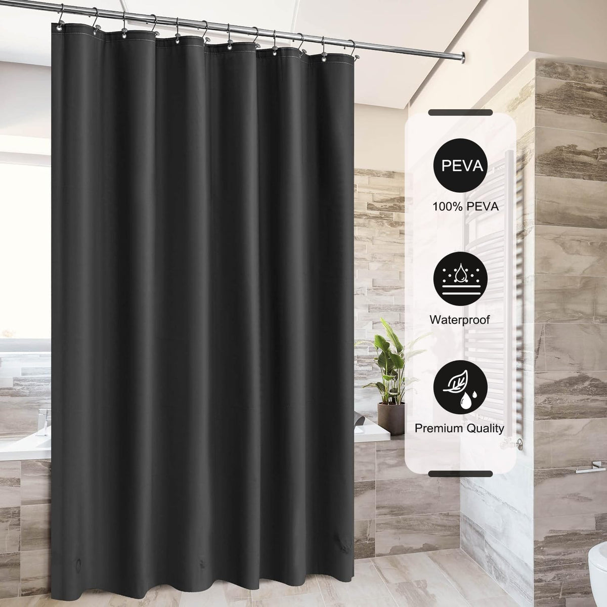 TIKABC Black Shower Curtain Liner, 4G PEVA Shower Liner, Plastic Waterproof Shower Curtains, 72x72 inch with Grommet Holes 3 Magnetic Weights(Black)