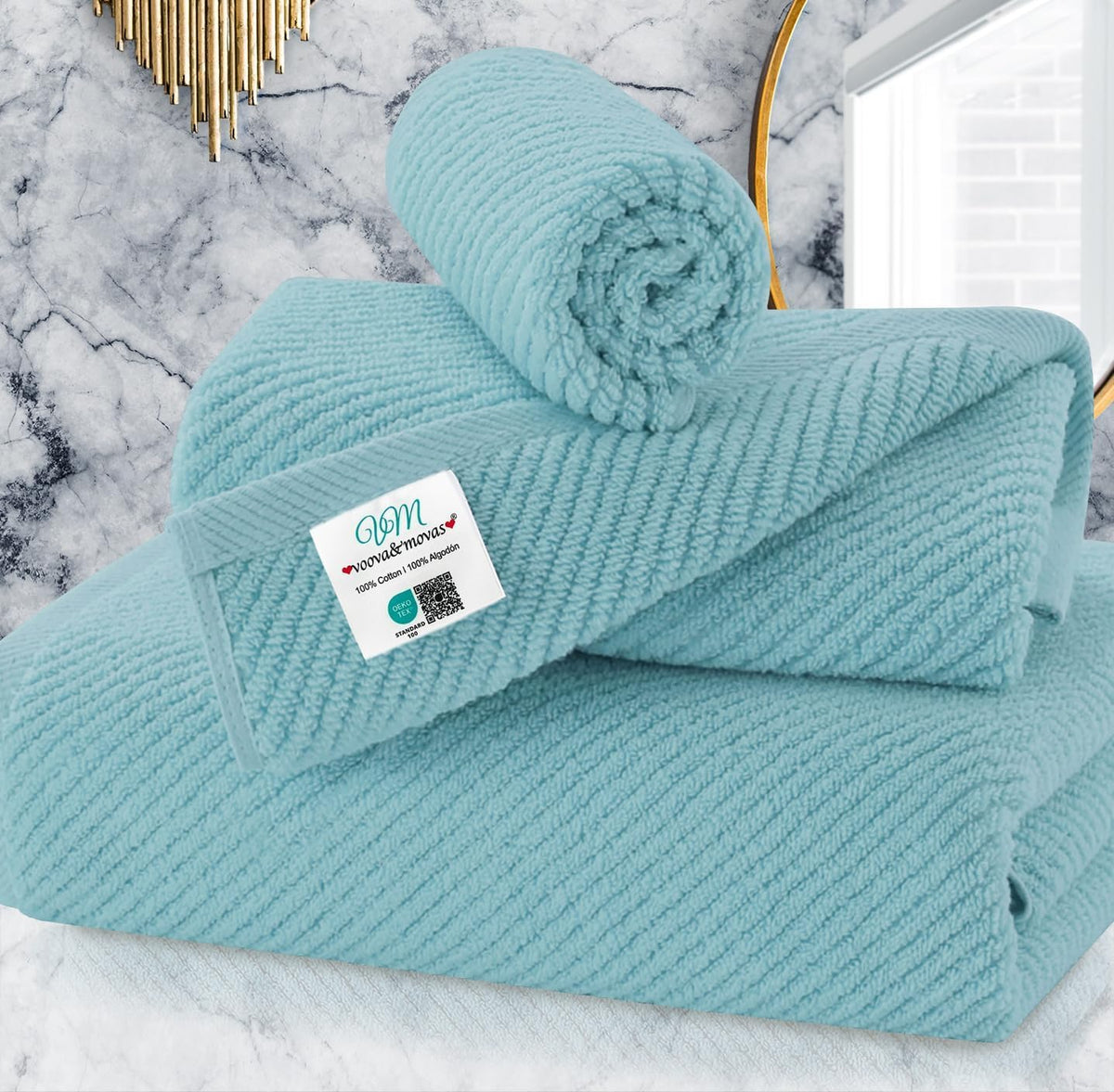 VOOVA & MOVAS 6PC Towel Set, 100% Cotton, Aqua Teal