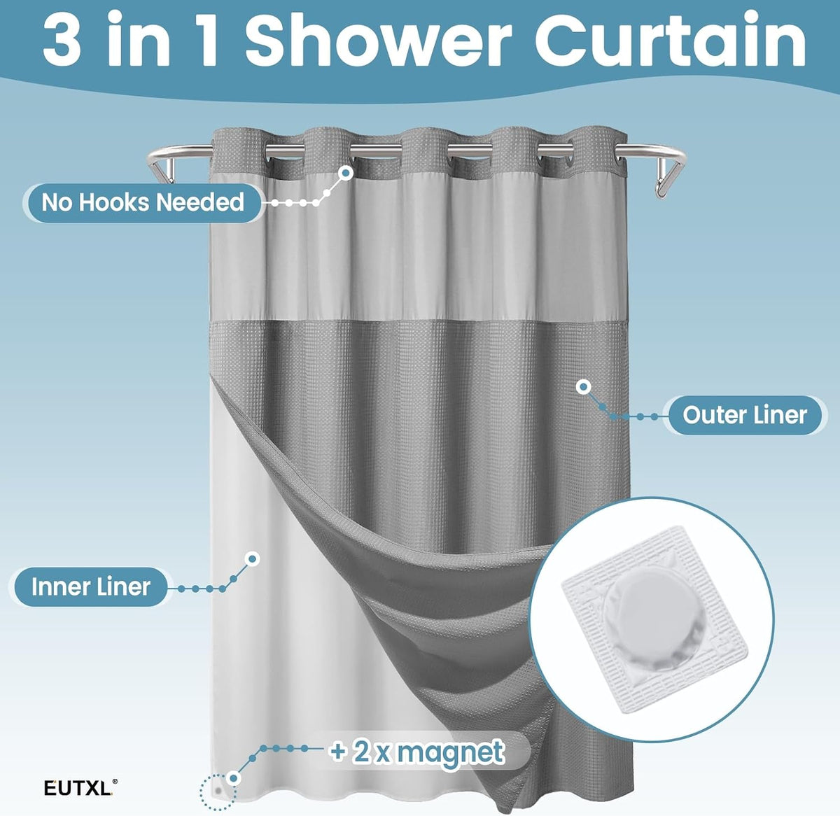 256GSM Heavyweight Ringless Waffle Shower Curtain with Liner, 71x74, Grey