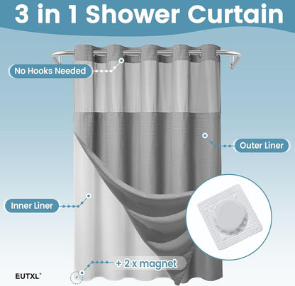 256GSM Heavyweight Ringless Waffle Shower Curtain with Liner, 71x74, Grey