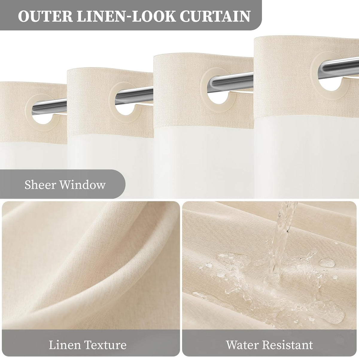 BTTN Cream Ringless Linen Textured Shower Curtain with Snap in Liner, 72x75