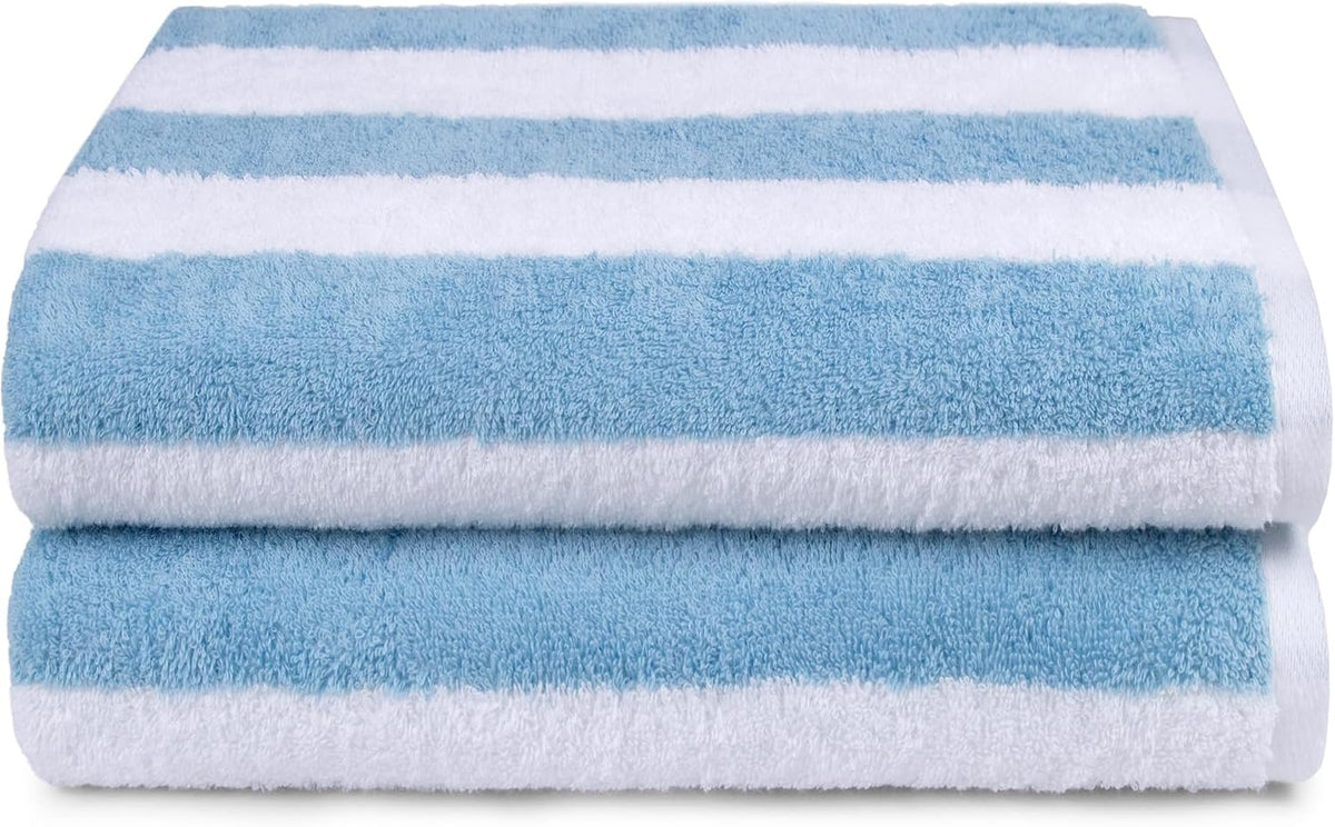 Amazon Basics Soft & Absorbent Beach Towels, 100% Cotton, Cabana Stripe, Machine Washable, Quick Dry, Large 30" x 60", Sky Blue, 2-Pack