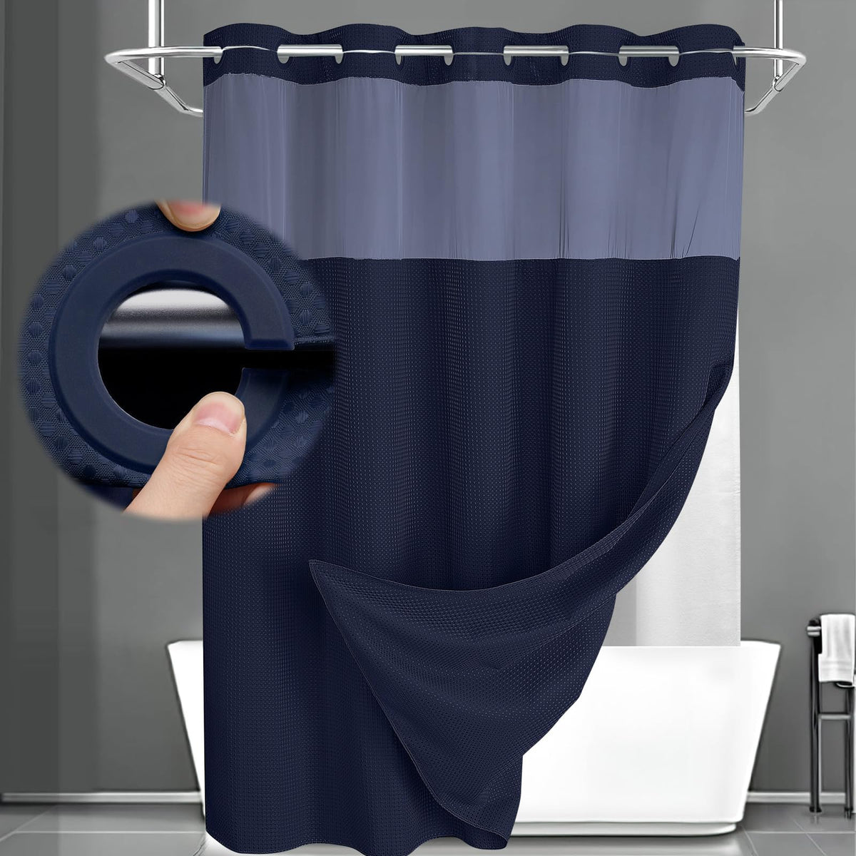 No Hook Shower Curtain with Liner Set Hotel Waffle Curtain Black 72W X 75L