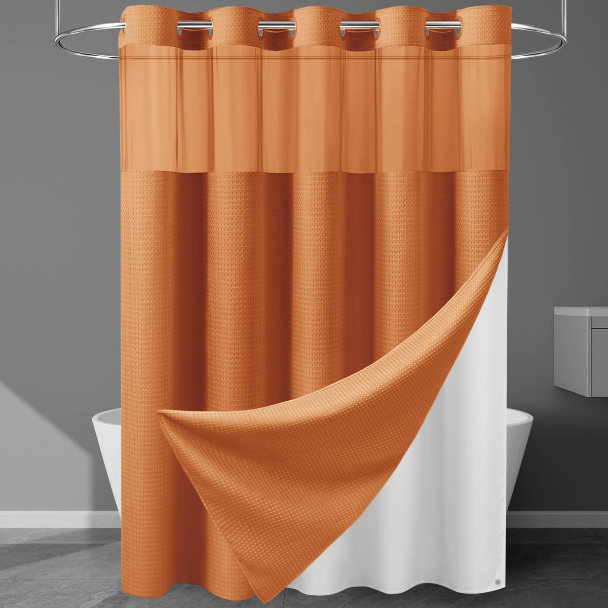 256GSM Heavyweight Ringless Waffle Shower Curtain with Liner, 71x74, Grey