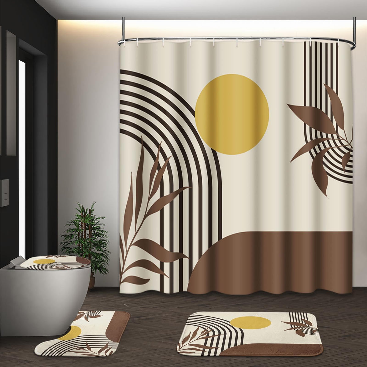 Bathroom Sets with Shower Curtain and Rugs, Set of 4 Geometric Boho