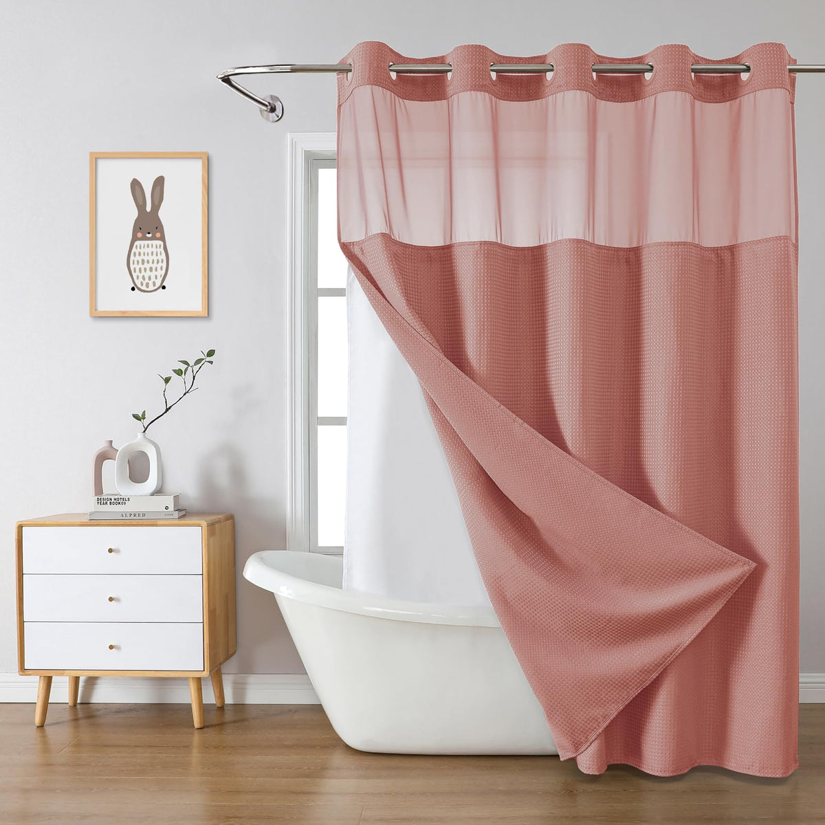 No Hook Extra Long Waffle Shower Curtain with Snap-in Liner,71x98,SageGreen