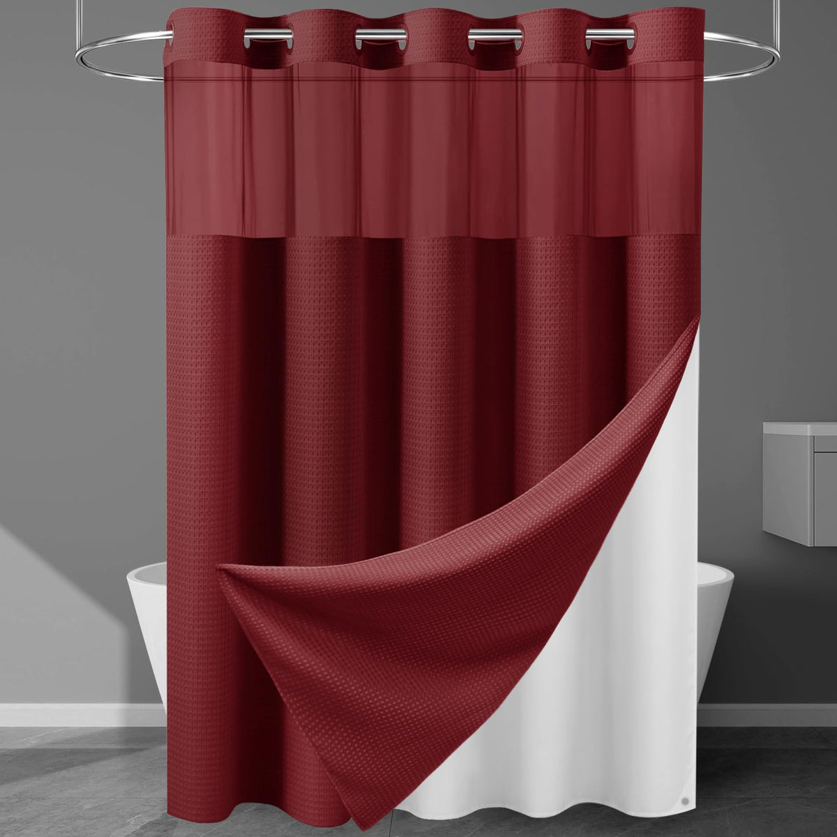 256GSM Heavyweight Ringless Waffle Shower Curtain with Liner, 71x74, Grey