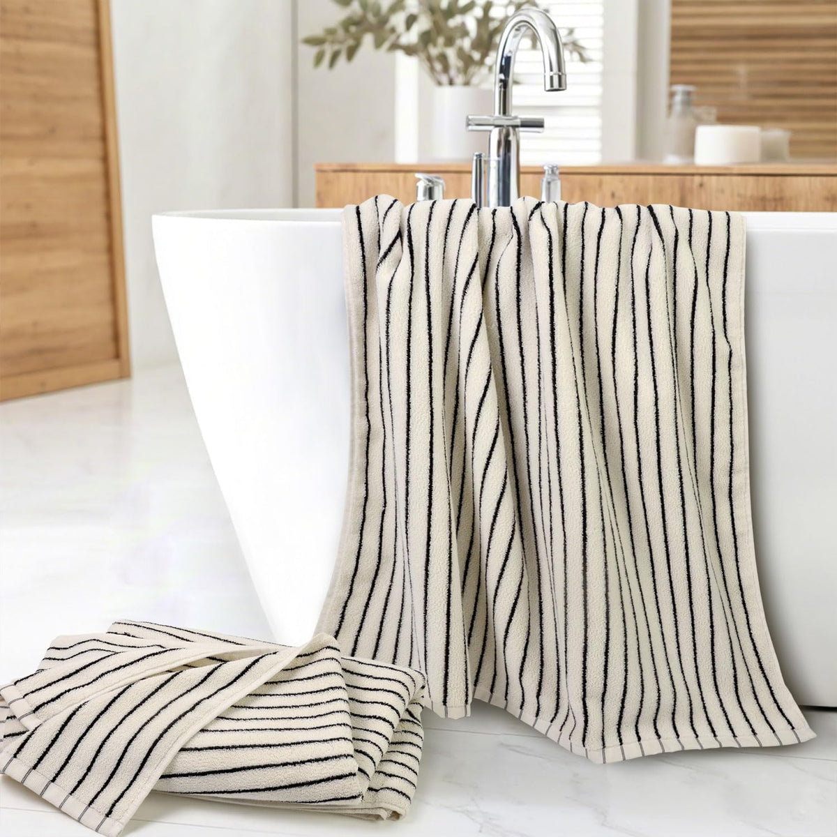 Black and Ivory Striped Bath Towels Set of 2, Lighter & Quick Dry Towels
