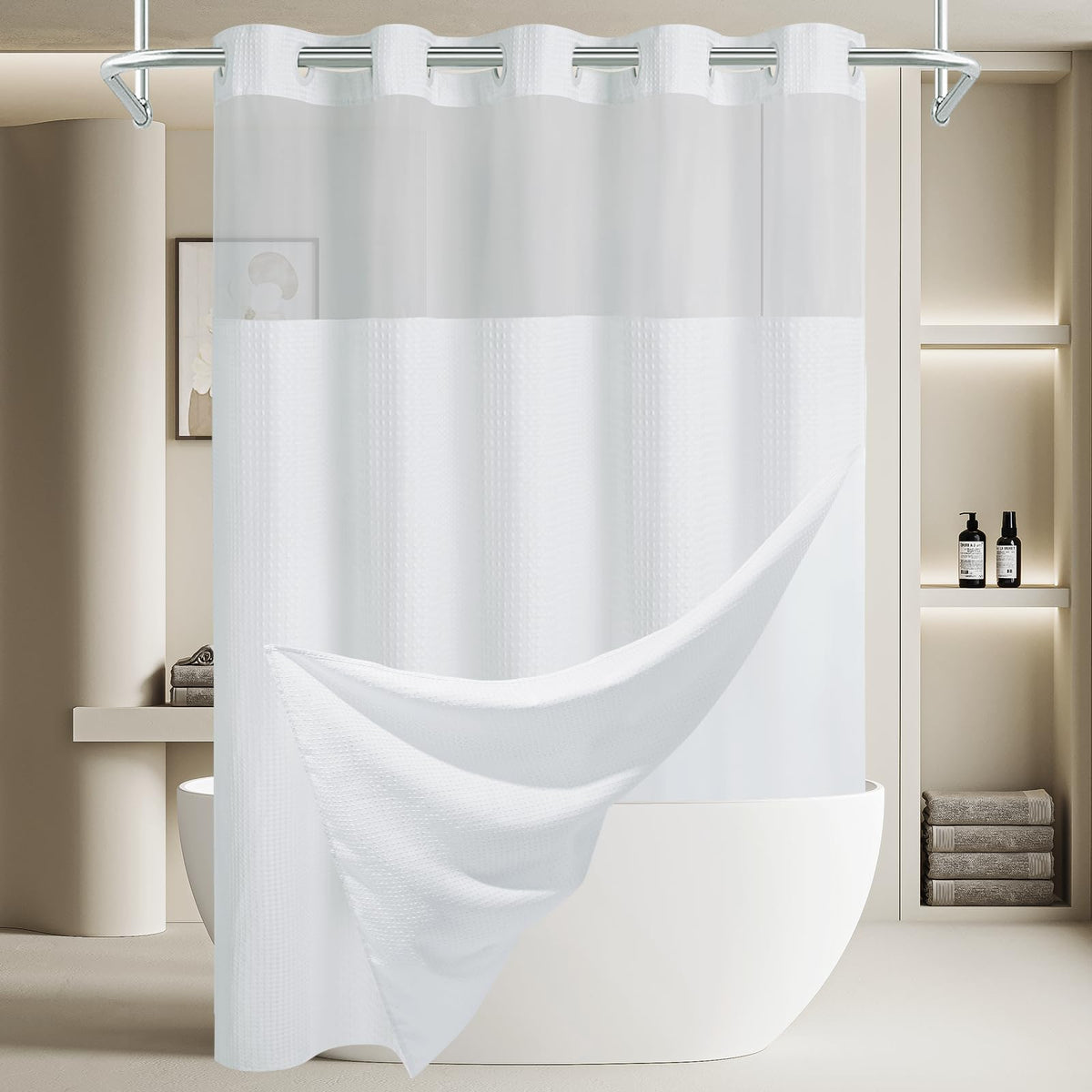 256GSM Heavyweight Ringless Waffle Shower Curtain with Liner, 71x74, Grey
