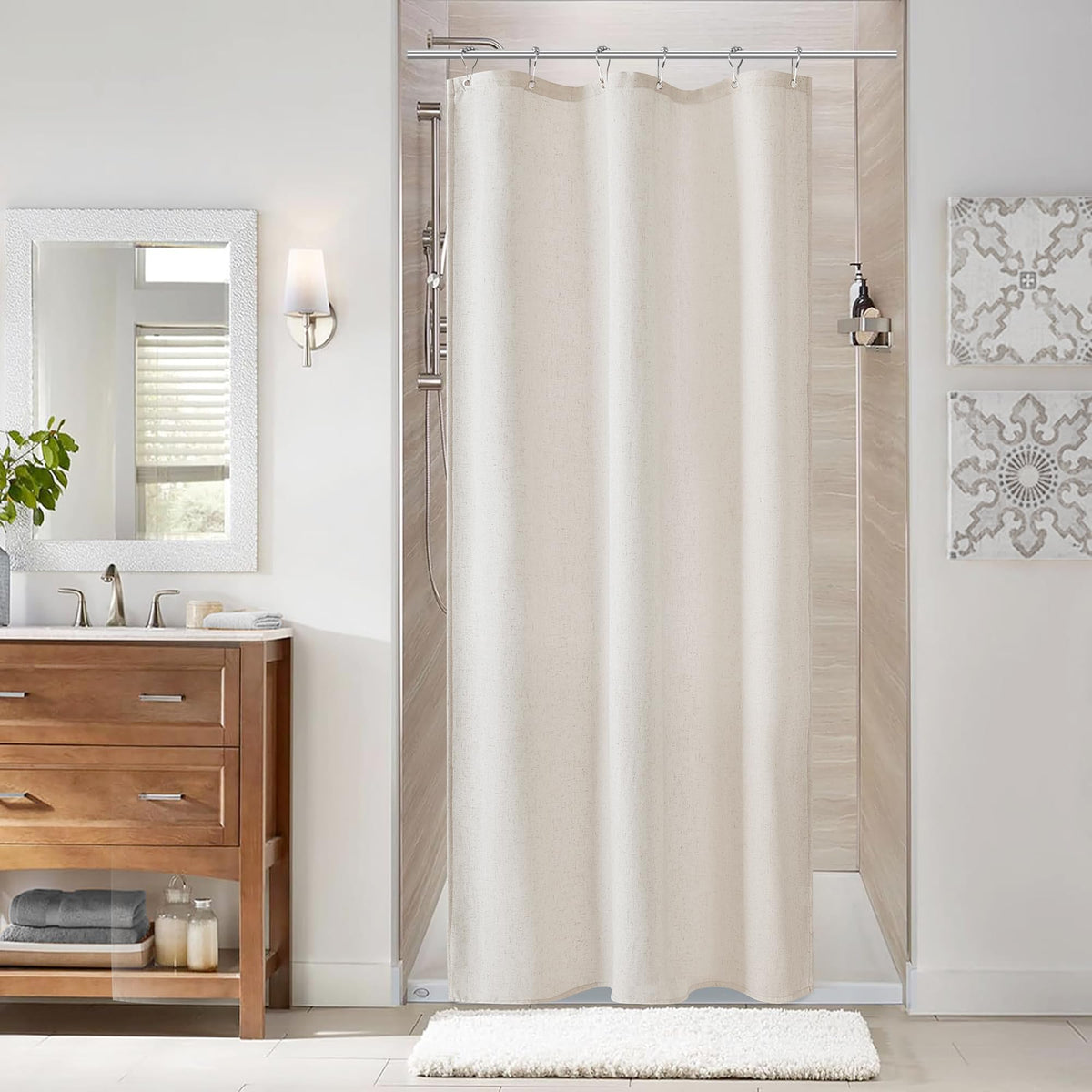 Naturoom Linen Shower Curtain 72 Inch Long for Bathroom Beige 1 Panel