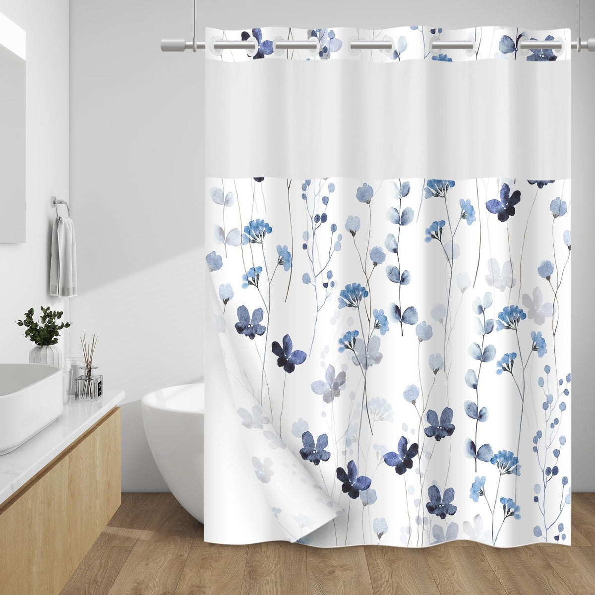 WITHLOC Hook Free Floral Shower Curtain with Liner, Blue Beige, 71x74