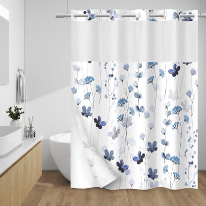 WITHLOC Hook Free Floral Shower Curtain with Liner, Blue Beige, 71x74