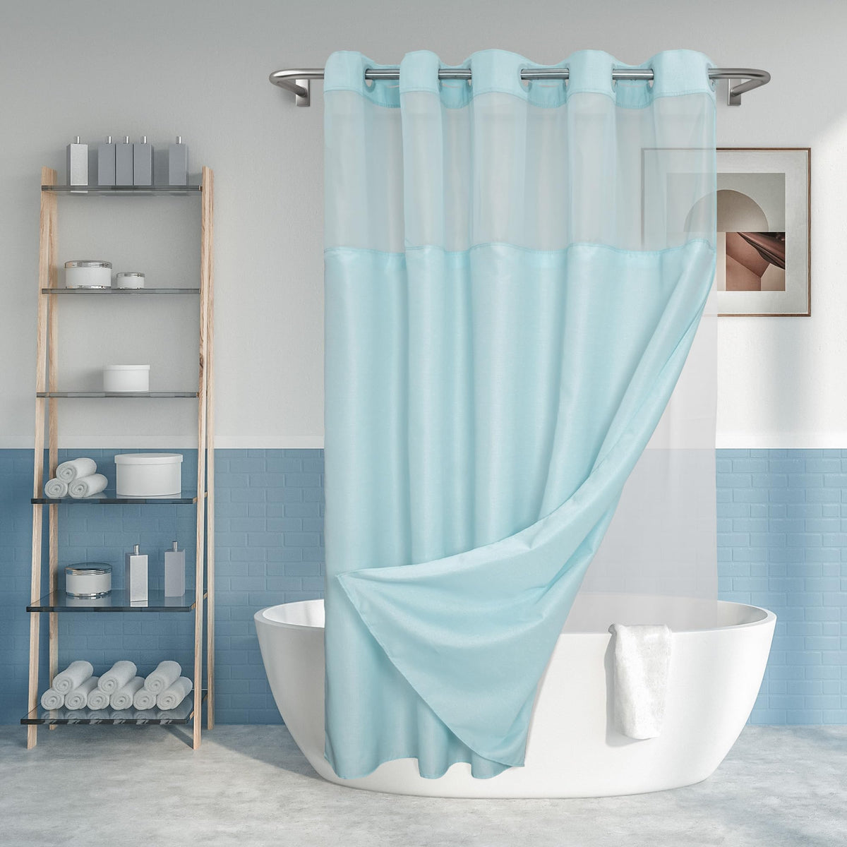 River Dream No Hook Shower Curtain with Snap-in Liner Set, White, 71x74