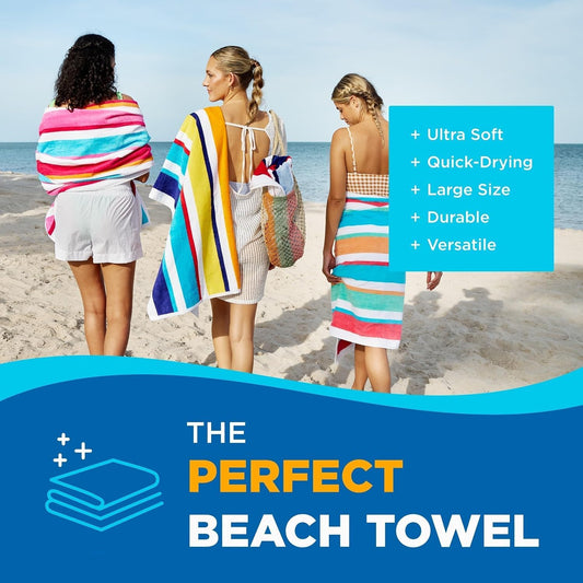 Ben Kaufman Joey Velour Colored Classic Multi-Color Stripe Beach & Pool Towel - Large Cotton Towel - Soft & Absorbant - Assorted Colors - 32” x 62” - 4 Pack