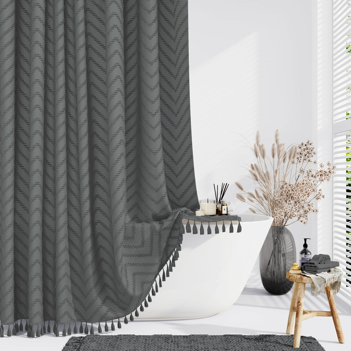 Dynamene Boho Farmhouse Fabric Shower Curtain Tufted Chevron 72"x72" Black