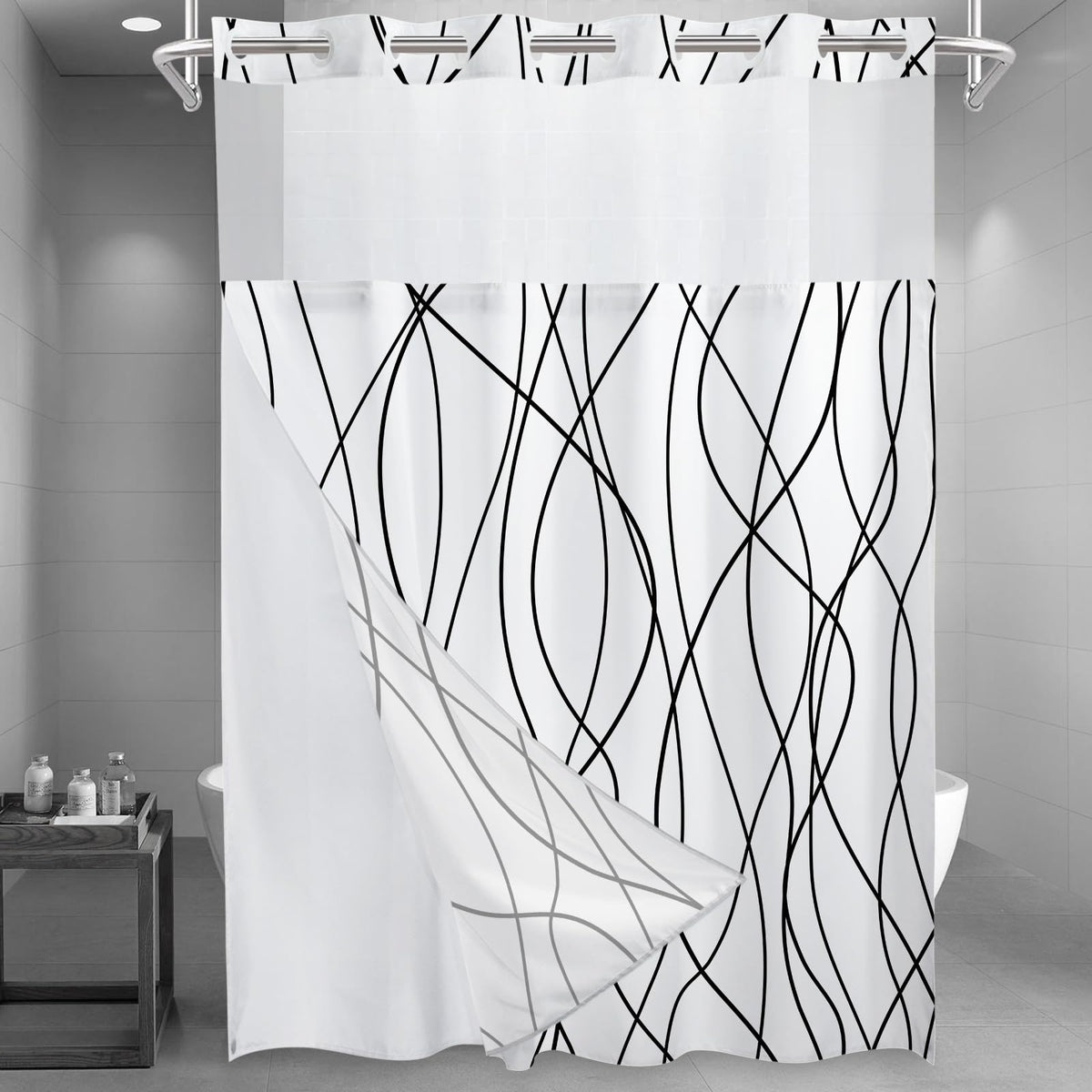 LXBNI Ringless Shower Curtain with Snap-in Liner, Gray White, 71 x 74 Inch