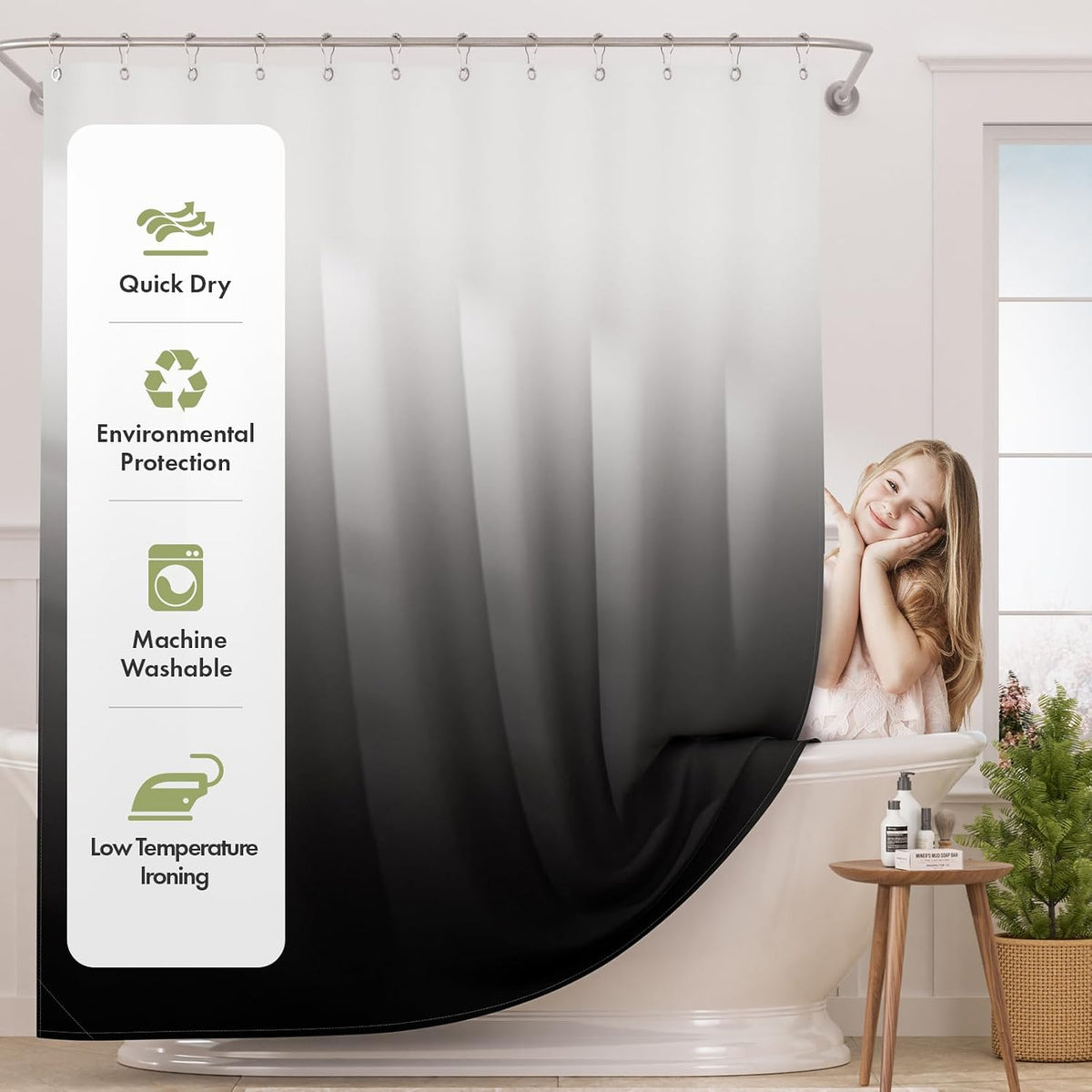 AmazerBath Shower Curtain, Cloth Ombre Black Shower Curtain Set with 12 Hooks, Washable Fabric Black and White Shower Curtain, Rustic Farmhouse Bathroom Shower Curtain, 72x72 Inches