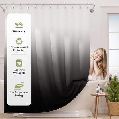 AmazerBath Shower Curtain, Cloth Ombre Black Shower Curtain Set with 12 Hooks, Washable Fabric Black and White Shower Curtain, Rustic Farmhouse Bathroom Shower Curtain, 72x72 Inches
