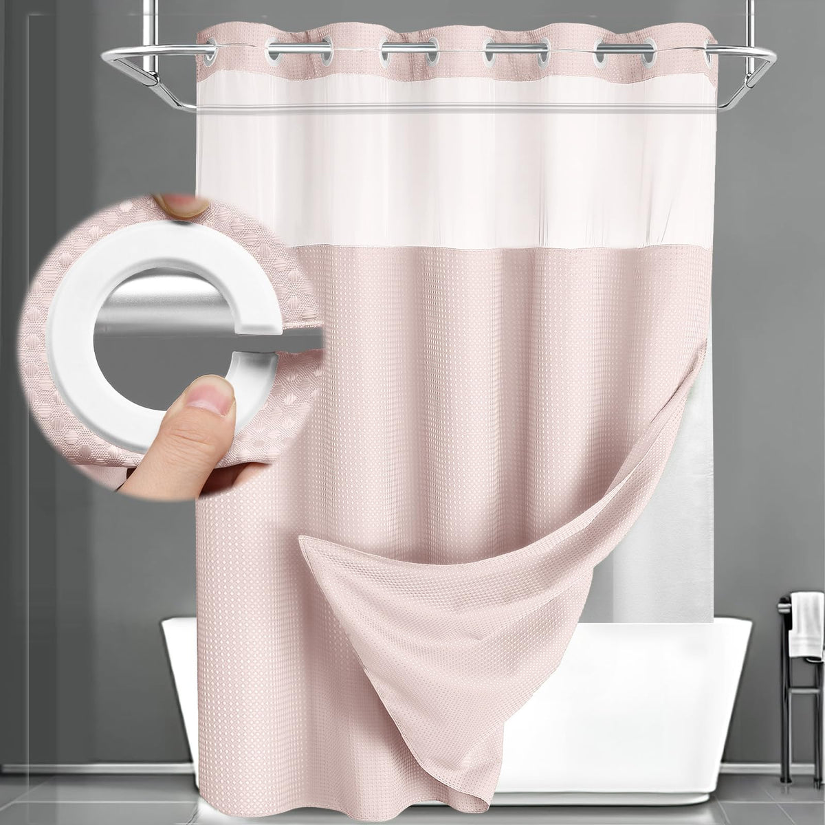 No Hook Shower Curtain with Liner Set Hotel Waffle Curtain Black 72W X 75L
