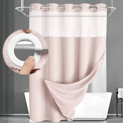 No Hook Shower Curtain with Liner Set Hotel Waffle Curtain Black 72W X 75L