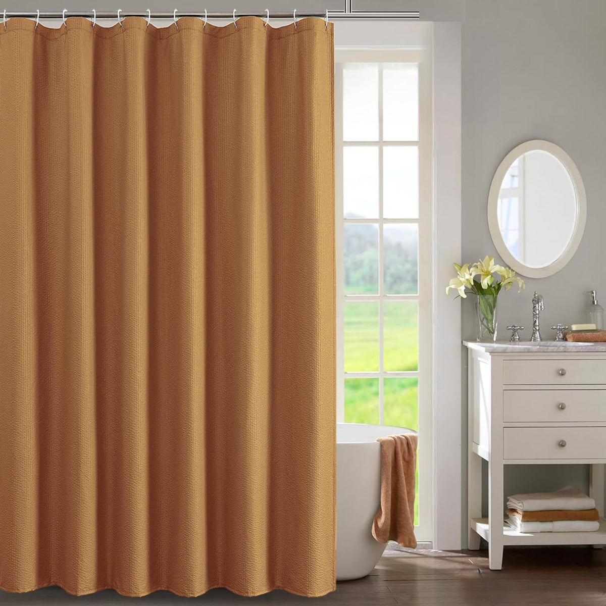 OWENIE Pink Shower Curtain for Bathroom 72x72 Inch, 3D Embossed Textured Waffle Fabric Shower Curtains, Soft Hotel Farmhouse Style, Water Repellent, Machine Washable, Pink, 72" W x 72" L