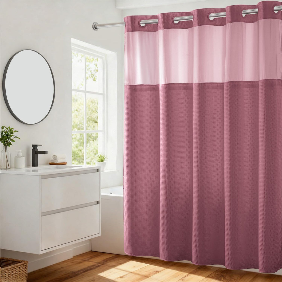 River Dream Waffle No Hook Shower Curtain with Liner,Navy Blue,71x74