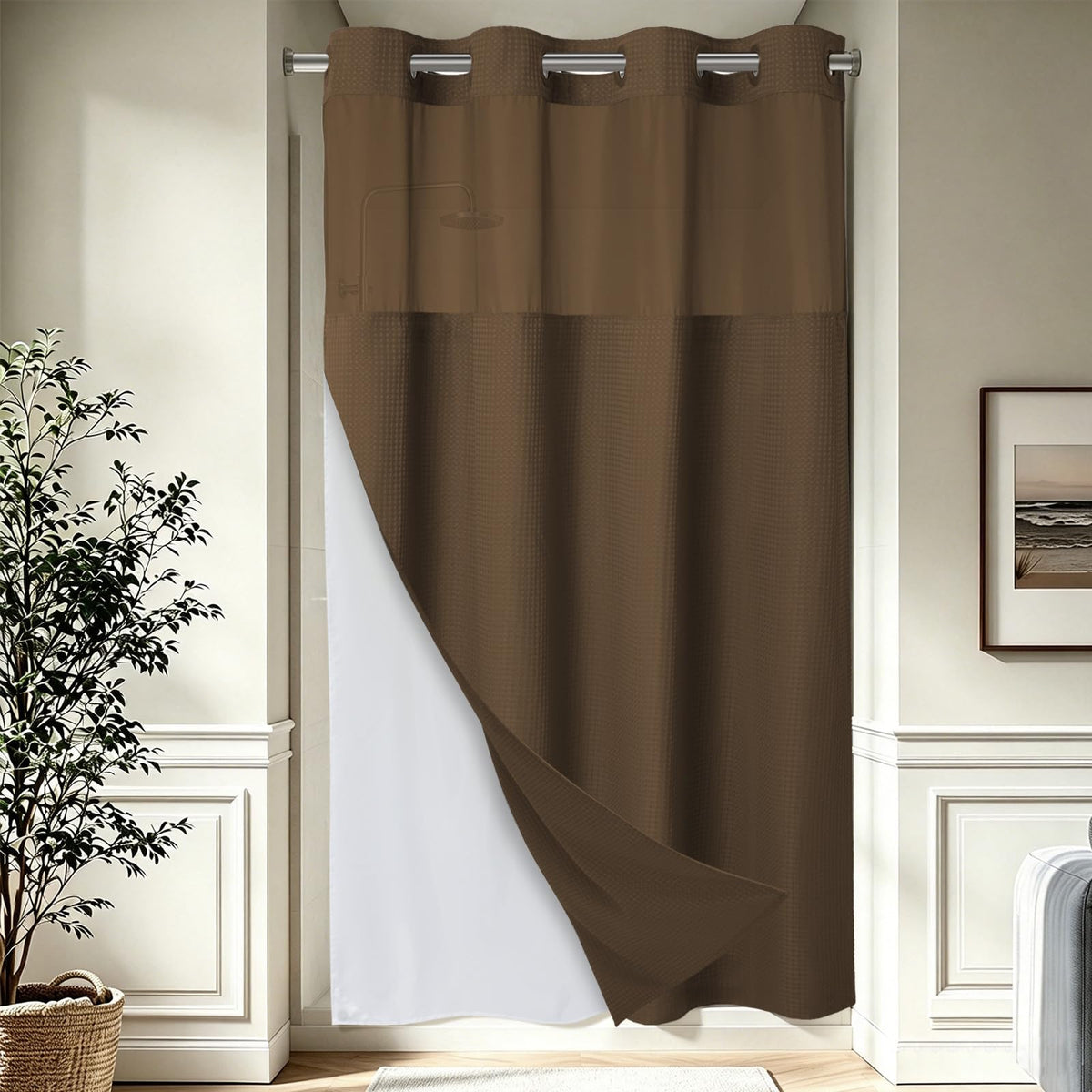 256GSM Heavyweight Ringless Waffle Shower Curtain with Liner, 71x74, Grey