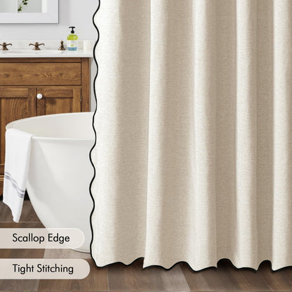 MIULEE Beige Scalloped Shower Curtain Linen Textured with 12 Metal Hooks Cute Heavy Duty Washable Waterproof Neutral Thick Cloth Shower Curtains with Black Border for Bathroom Bathtub,W72*L72 Cream
