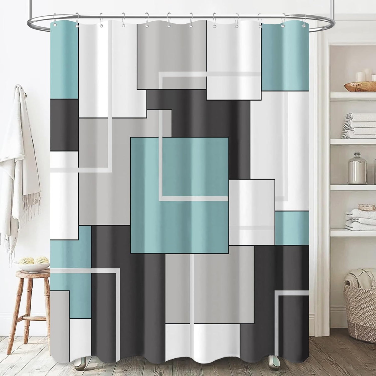 BTTN Navy Blue Modern Geometric Waterproof Fabric Shower Curtain, 72x72