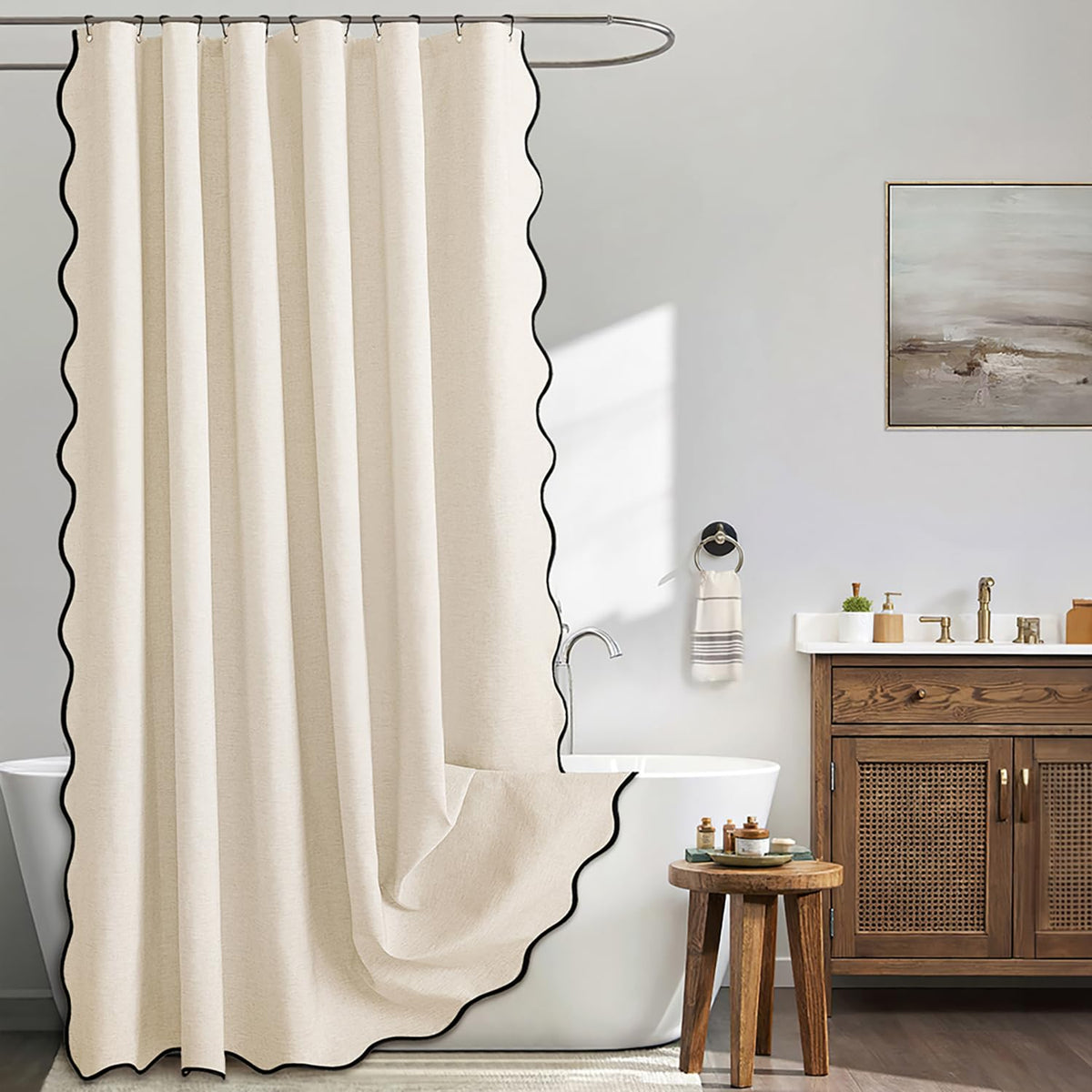MIULEE 72"x84" Extra Long Scalloped Linen Shower Curtain Cream Beige