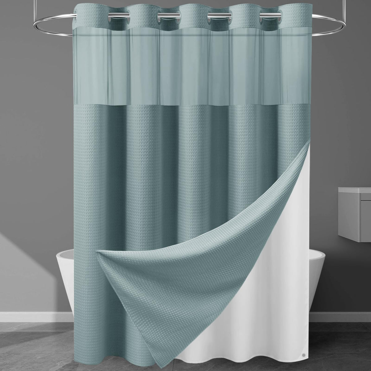 256GSM Heavyweight Ringless Waffle Shower Curtain with Liner, 71x74, Grey