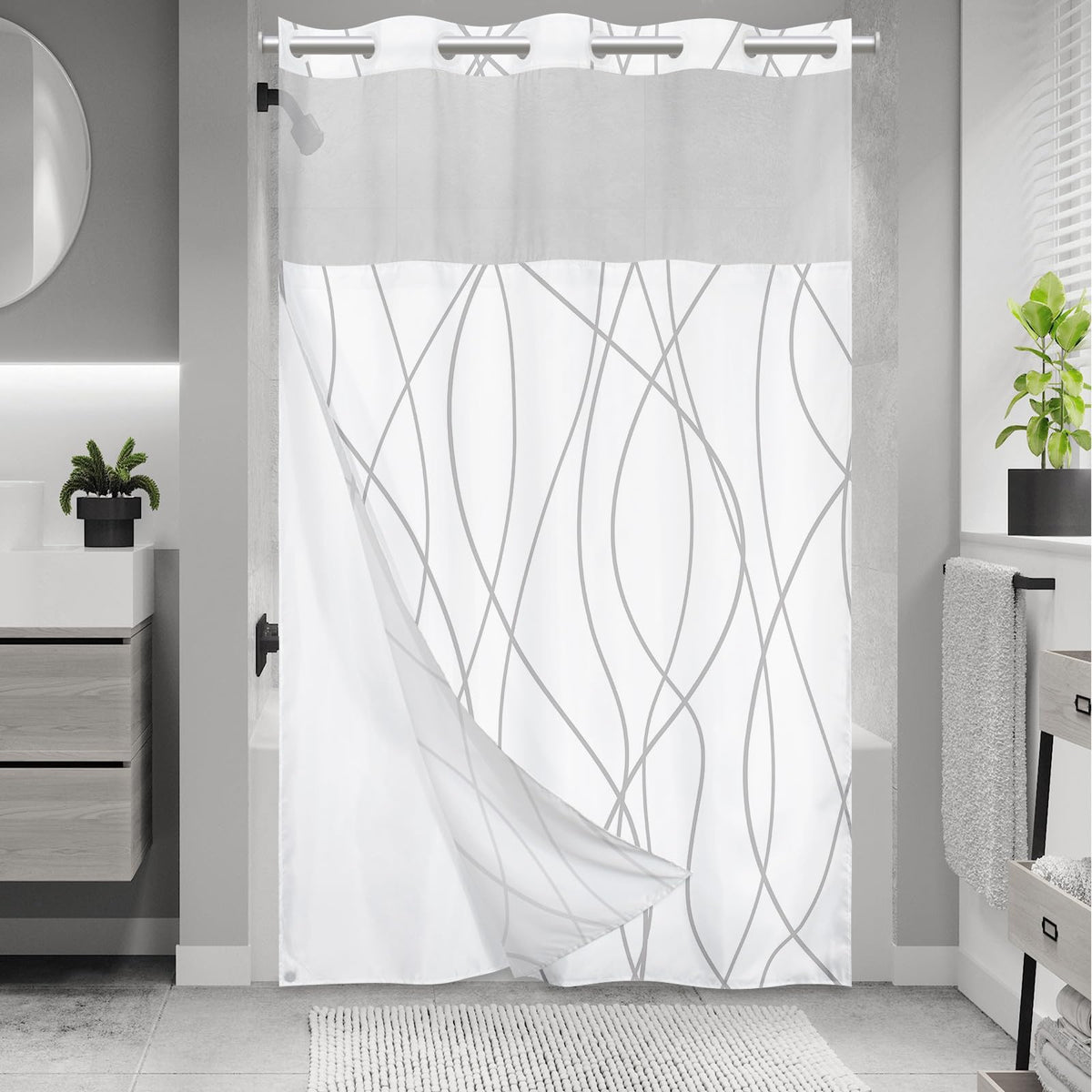 LXBNI Ringless Shower Curtain with Snap-in Liner, Gray White, 71 x 74 Inch