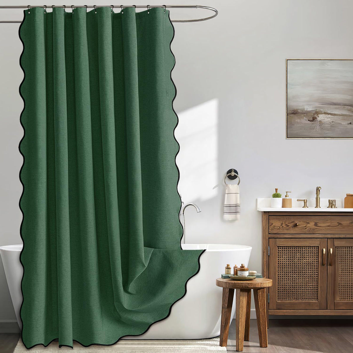 MIULEE Beige Scalloped Shower Curtain Linen Textured with 12 Metal Hooks Cute Heavy Duty Washable Waterproof Neutral Thick Cloth Shower Curtains with Black Border for Bathroom Bathtub,W72*L72 Cream