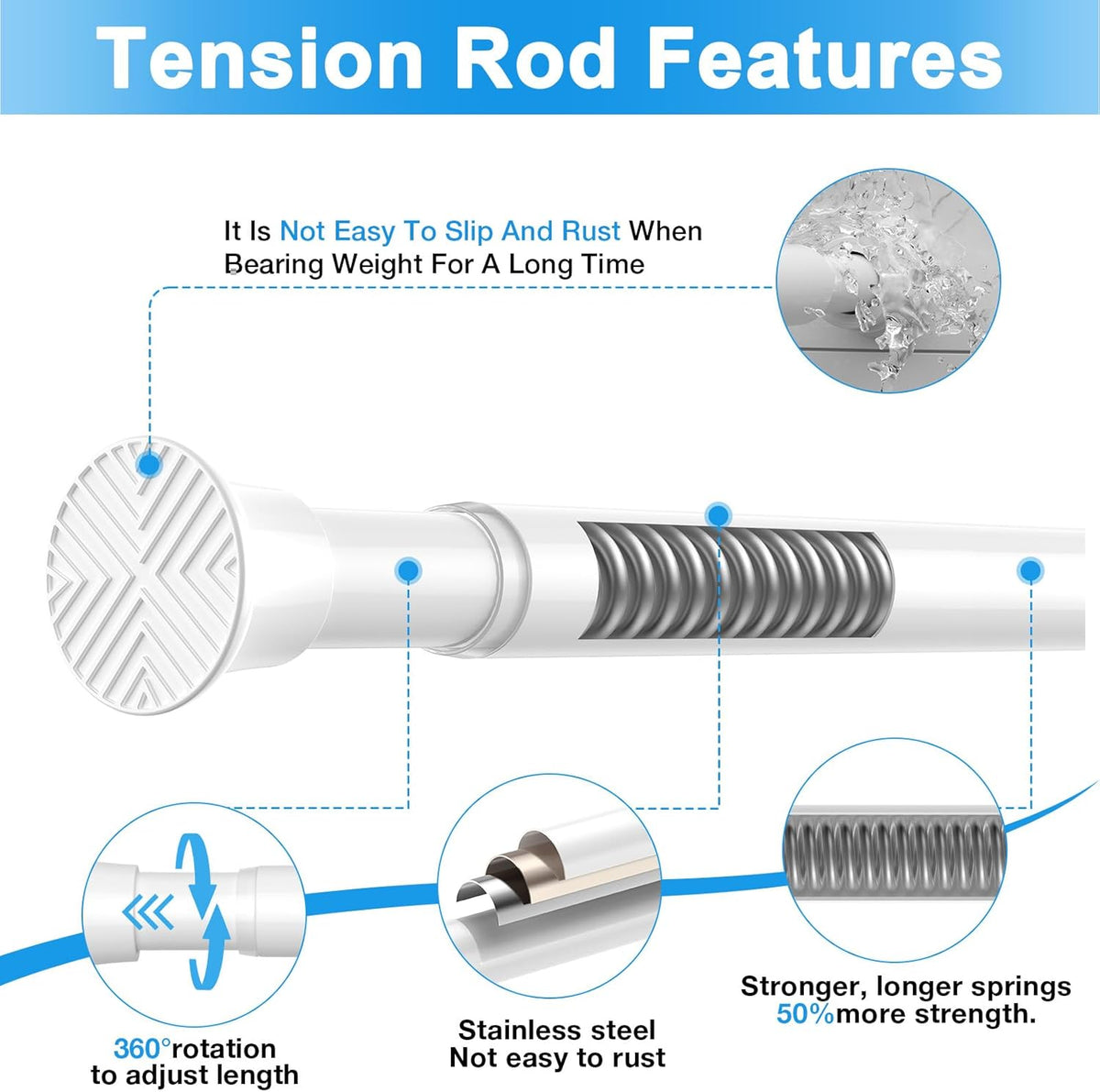 Shower Curtain Rod 2 Pack White 31-76 Inch Adjustable Tension Rod Spring Tension Curtain Rod No Drilling Shower Rod Bathroom Anti-Slip Rustproof Easy Install