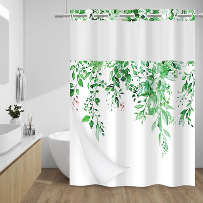 WITHLOC Hook Free Floral Shower Curtain with Liner, Blue Beige, 71x74