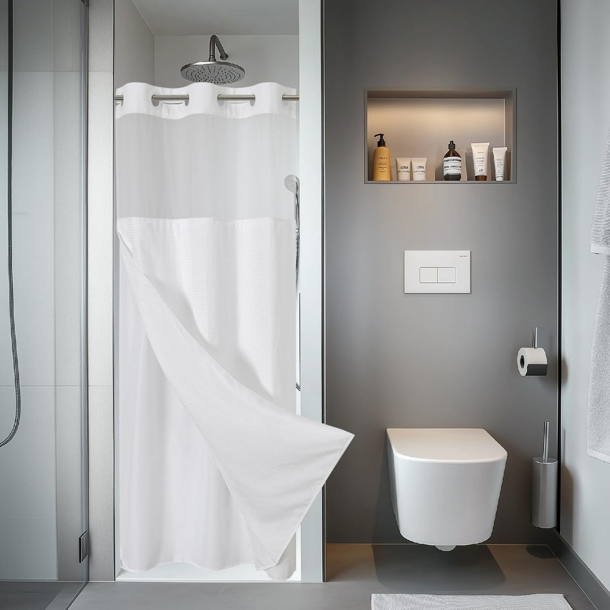 No Hook Extra Long Waffle Shower Curtain with Snap-in Liner,71x98,SageGreen