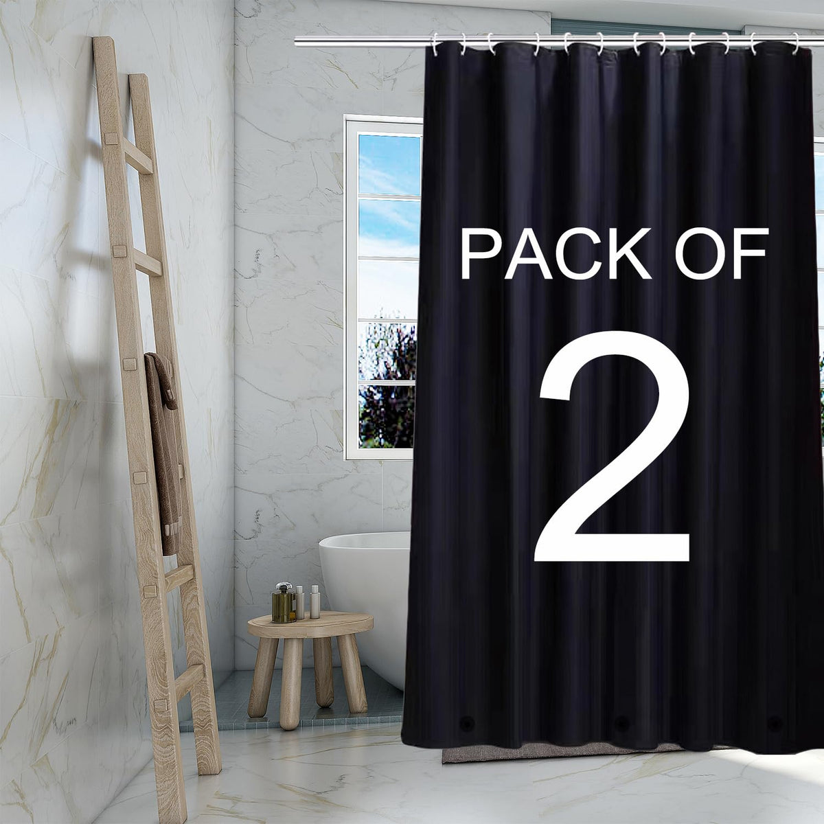 TIKABC Black Shower Curtain Liner, 4G PEVA Shower Liner, Plastic Waterproof Shower Curtains, 72x72 inch with Grommet Holes 3 Magnetic Weights(Black)