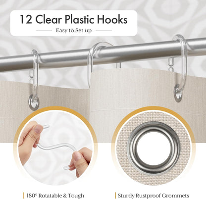 AmazerBath Boho Shower Curtain, Modern Farmhouse Shower Curtain Set with Tassels, Rustic Faux Linen Green Striped Shower Curtain with Hooks, Light Tan Toned, 72x72 Inches