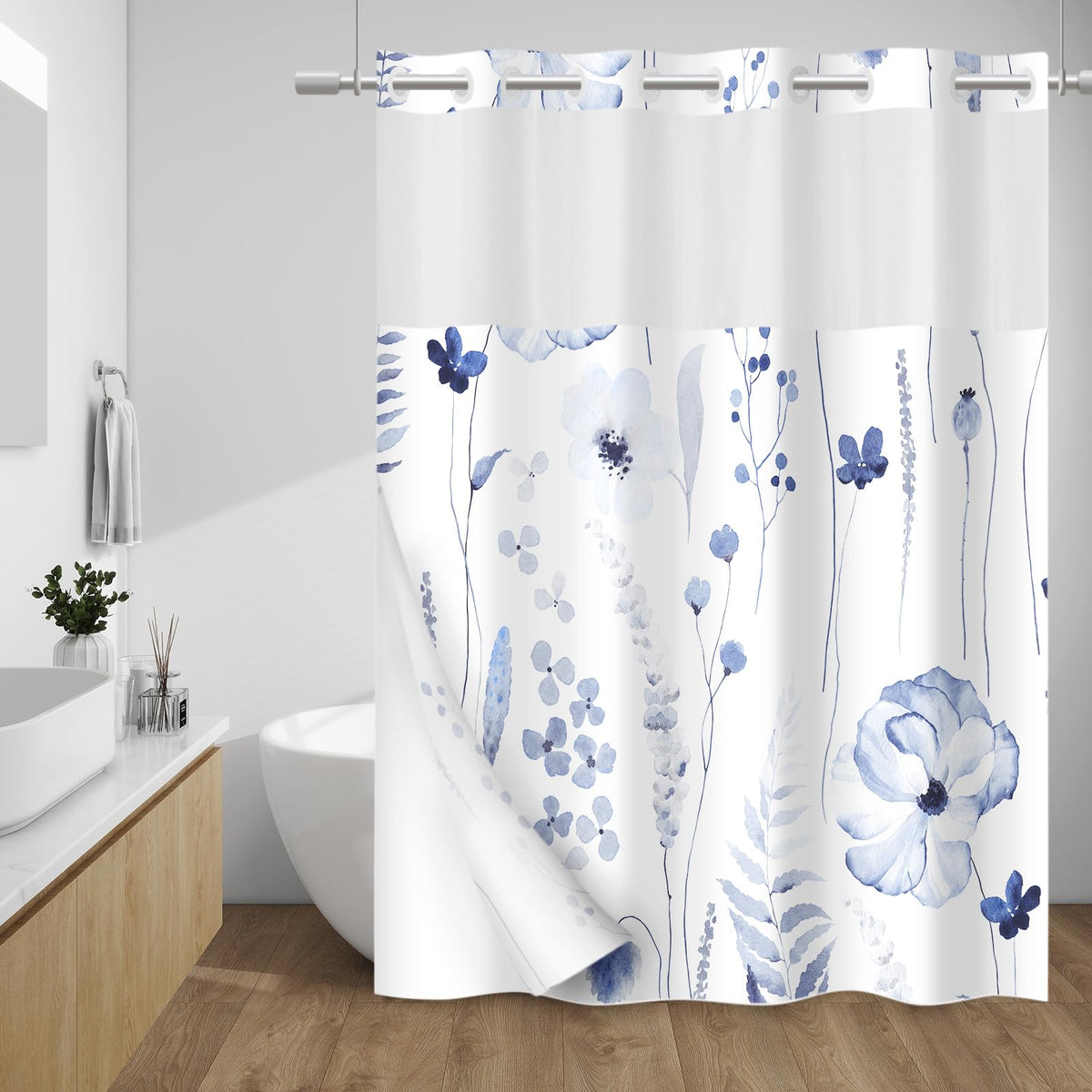 WITHLOC Hook Free Floral Shower Curtain with Liner, Blue Beige, 71x74