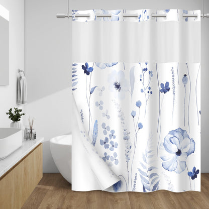 WITHLOC Hook Free Floral Shower Curtain with Liner, Blue Beige, 71x74