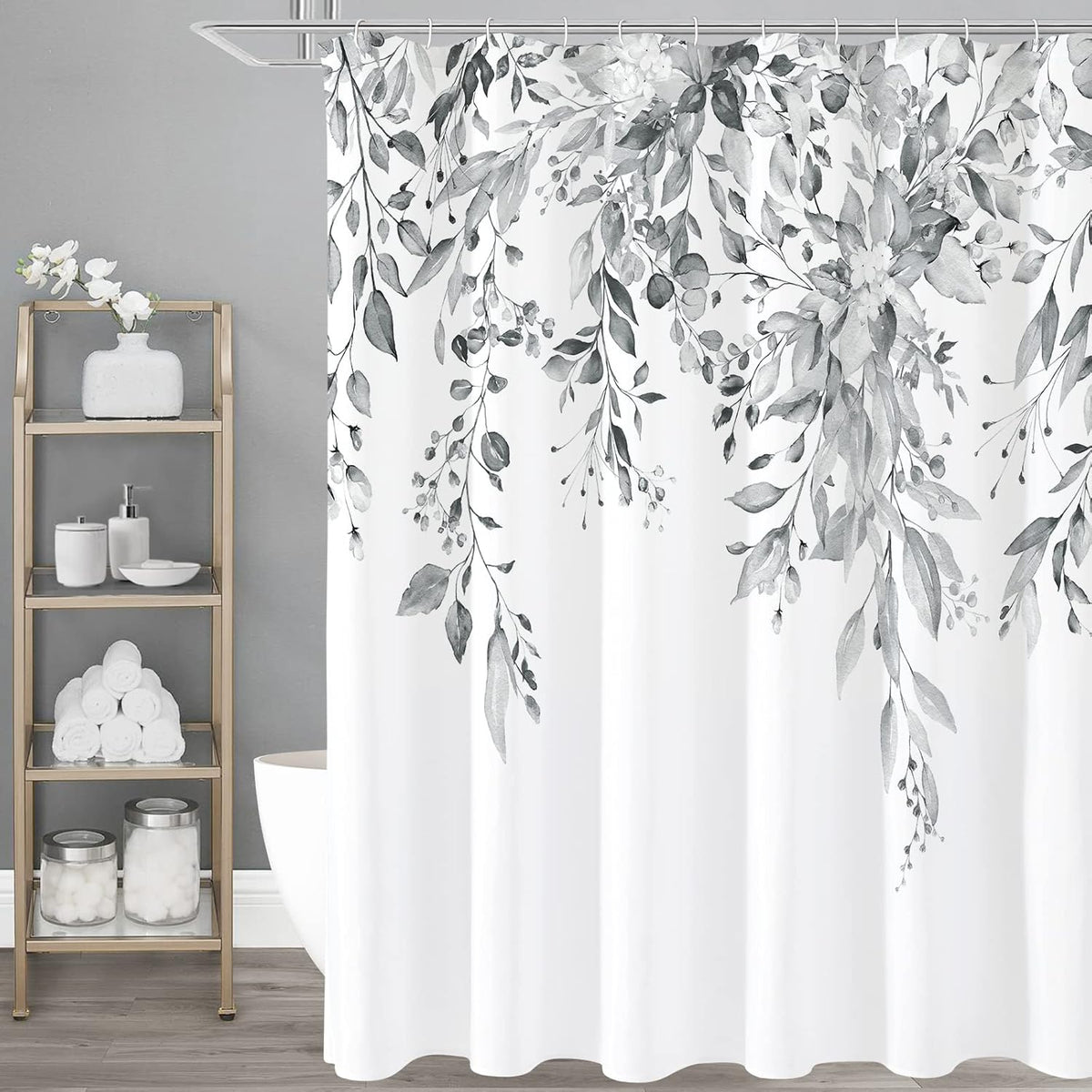 Gibelle Grey Eucalyptus Shower Curtain, Watercolor Floral Print, 72x72