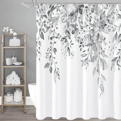 Gibelle Grey Eucalyptus Shower Curtain, Watercolor Floral Print, 72x72