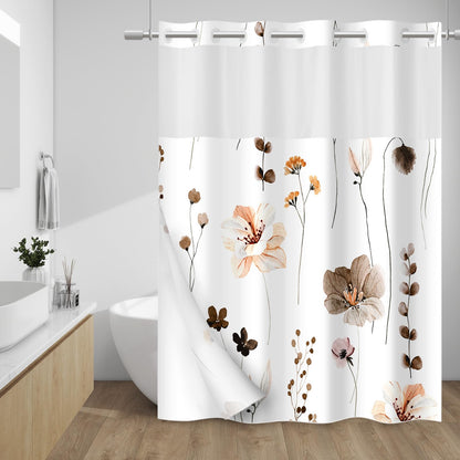 WITHLOC Hook Free Floral Shower Curtain with Liner, Blue Beige, 71x74