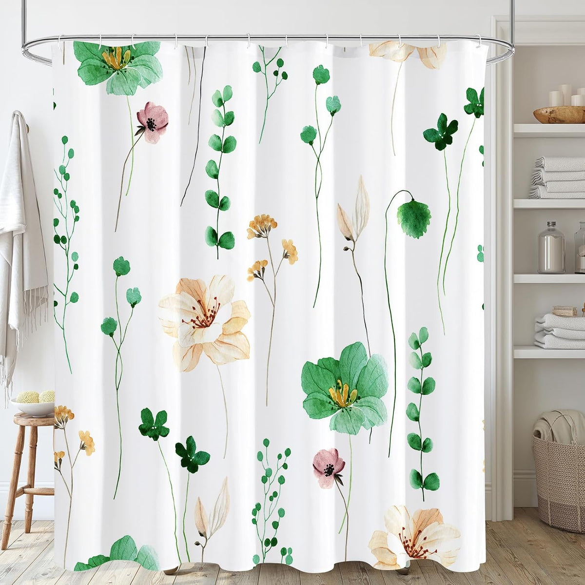 Gibelle Sage Green Beige Watercolor Floral Fabric Shower Curtain 72x72