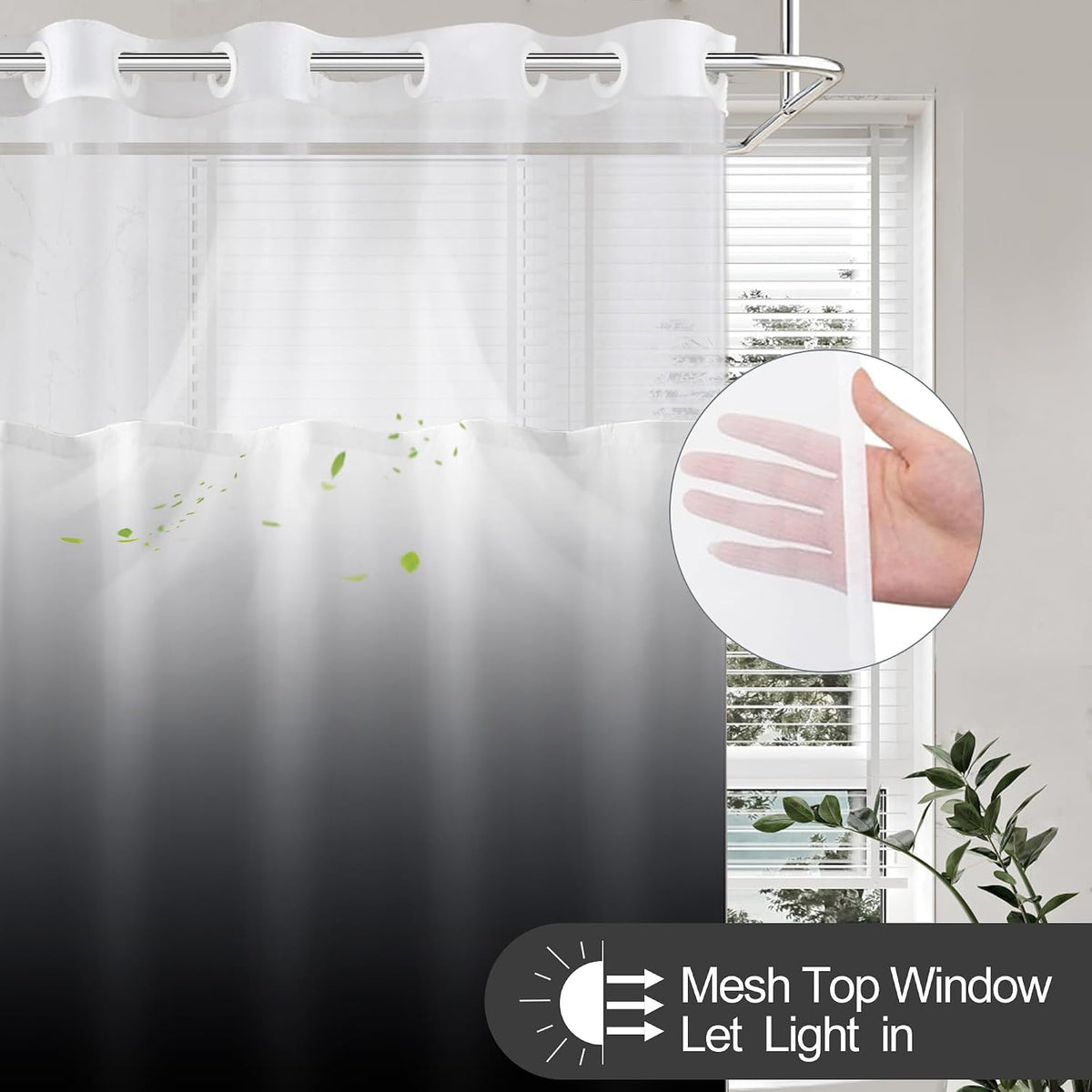 No Hook Shower Curtain and Liner Set, Ombre Black and White, 71x74