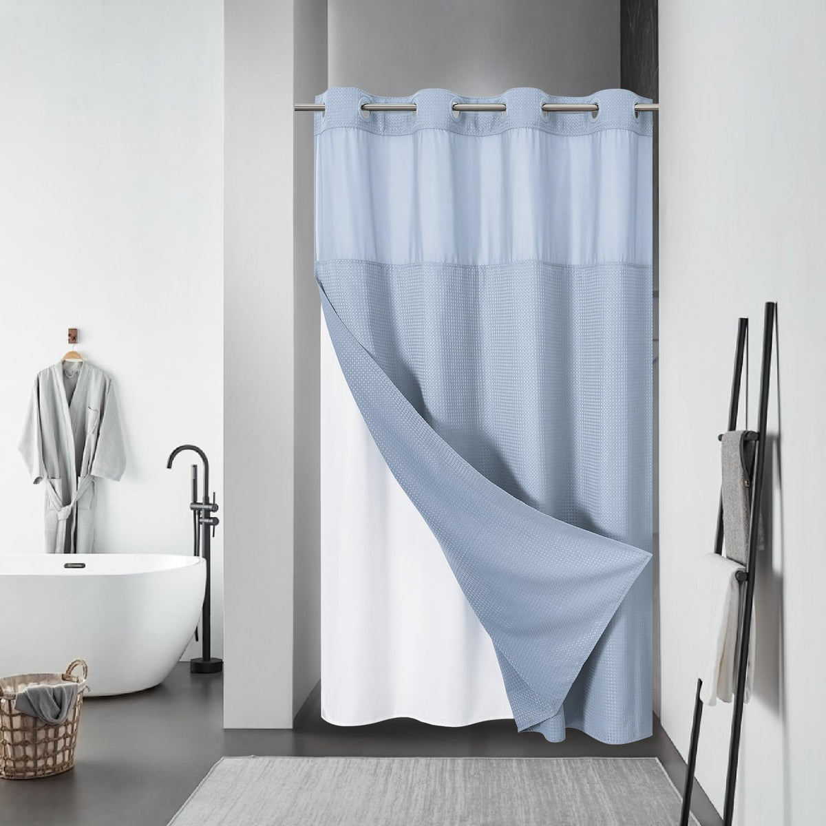 No Hook Extra Long Waffle Shower Curtain with Snap-in Liner,71x98,SageGreen