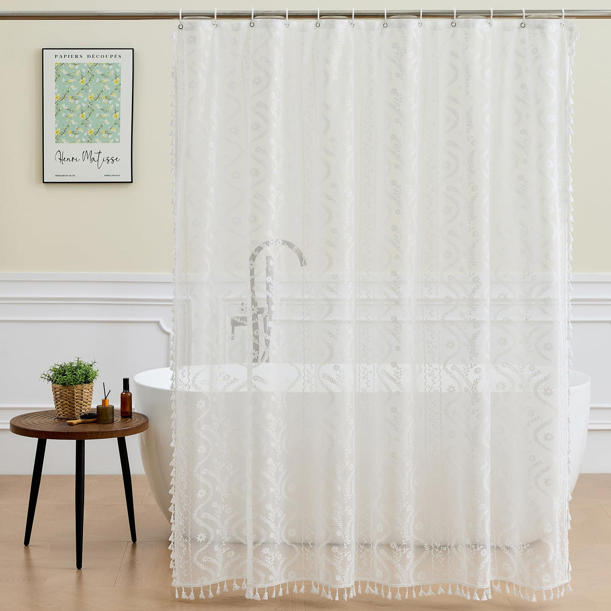 WAZZIO Dark Sage Green Lace Shower Curtain for Bathroom 72" W x 72" L, Victorian Farmhouse Floral Pattern Tassel Fancy Shower Curtain Boho Washable Cloth Decorative Bath Curtains,1 Panel