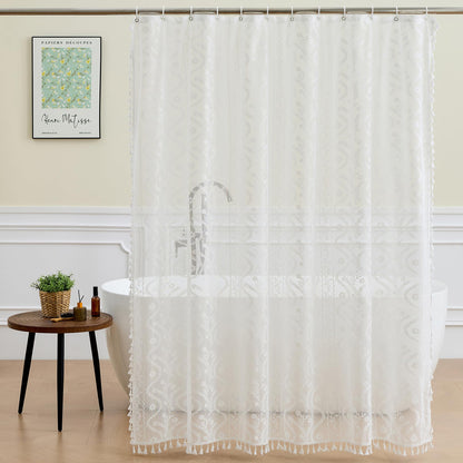 WAZZIO Dark Sage Green Lace Shower Curtain for Bathroom 72" W x 72" L, Victorian Farmhouse Floral Pattern Tassel Fancy Shower Curtain Boho Washable Cloth Decorative Bath Curtains,1 Panel